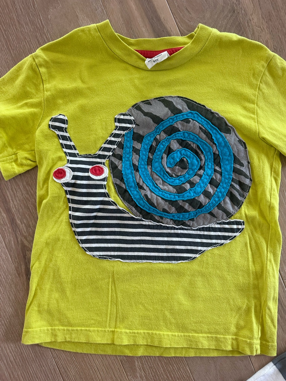 Mini Boden Bright Lime Green Top with Playful Striped Snail Applique